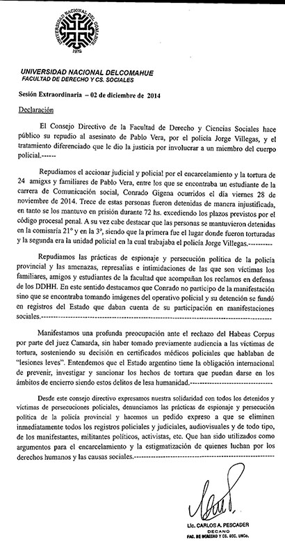 EL CONSEJO DIRECTIVO DE LA FADECS DECLARÓ SU REPUDIO POR EL ACCIONAR POLICIAL Y DE LA JUSTICIA